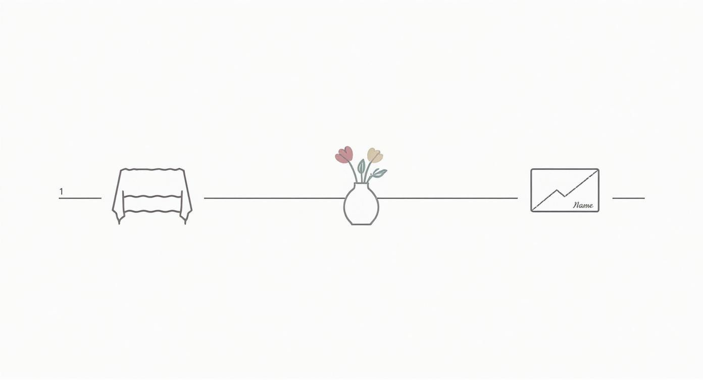 Een minimalistische lijntekening van drie stappen: een gedrapeerd kleed, een vaas met bloemen en een envelop met 'Name' erop.