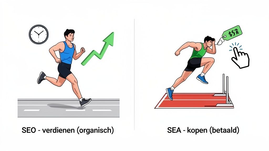 Illustratie die het verschil tussen SEO en SEA uitlegt. SEO is organisch verdienen, SEA is betaald kopen.