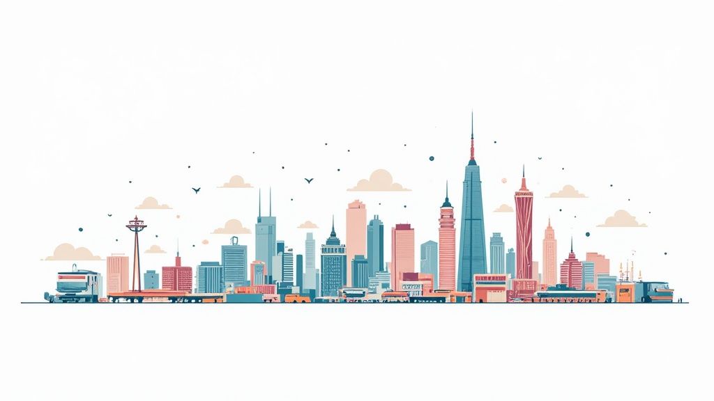 Een minimalistische, kleurrijke illustratie van een stadsgezicht met diverse gebouwen, een toren en voertuigen op de grond.