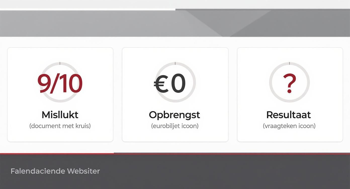 Drie kaarten tonen websiteprestaties: 9/10 mislukt, €0 opbrengst en onbekend resultaat, met de titel 'Falendaciende Websiter'.