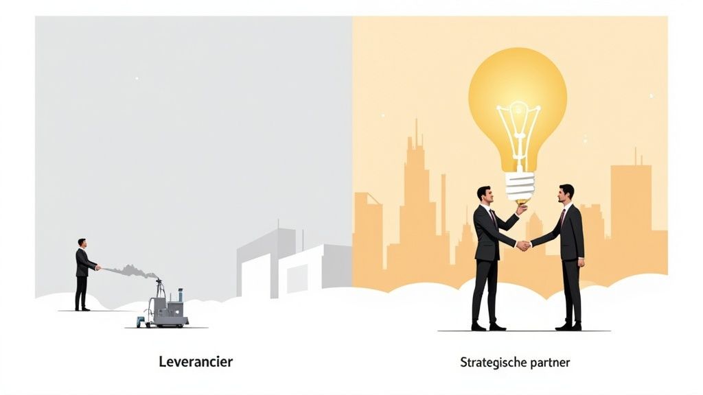 Een illustratie van het verschil tussen een leverancier en een strategische partner, met focus op innovatie en samenwerking.