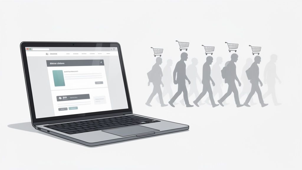 Een laptop toont een webpagina met lopende mensen en winkelwagens, wat online verkeer en winkelen symboliseert.