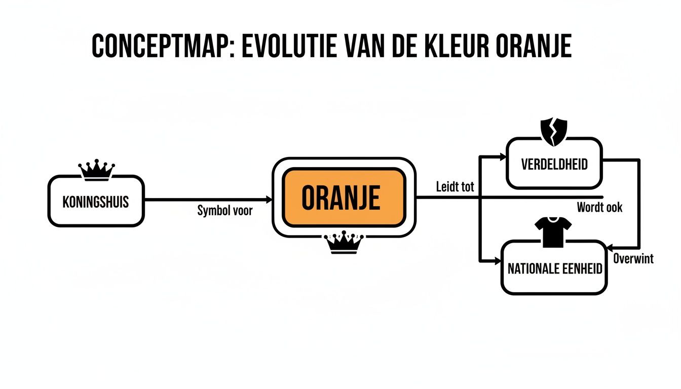 Conceptmap over de evolutie en betekenis van de kleur oranje, gelinkt aan het Koningshuis, verdeeldheid en nationale eenheid.