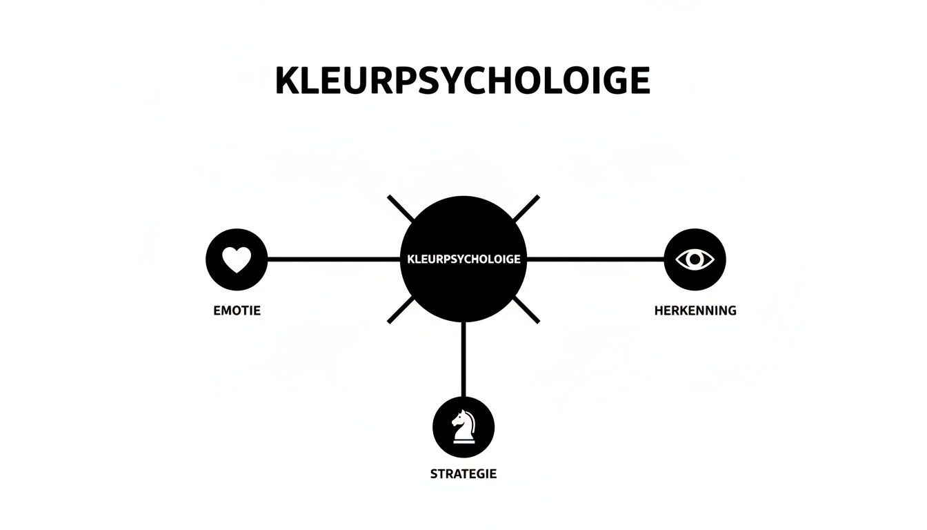Een schema van kleurpsychologie, met verbindingen naar emotie, herkenning en strategie.