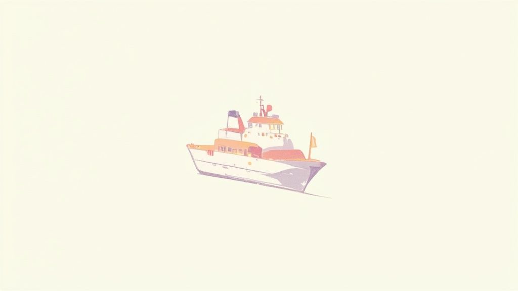 Een minimalistische illustratie van een schip met oranje en paarse accenten op een lichte achtergrond.