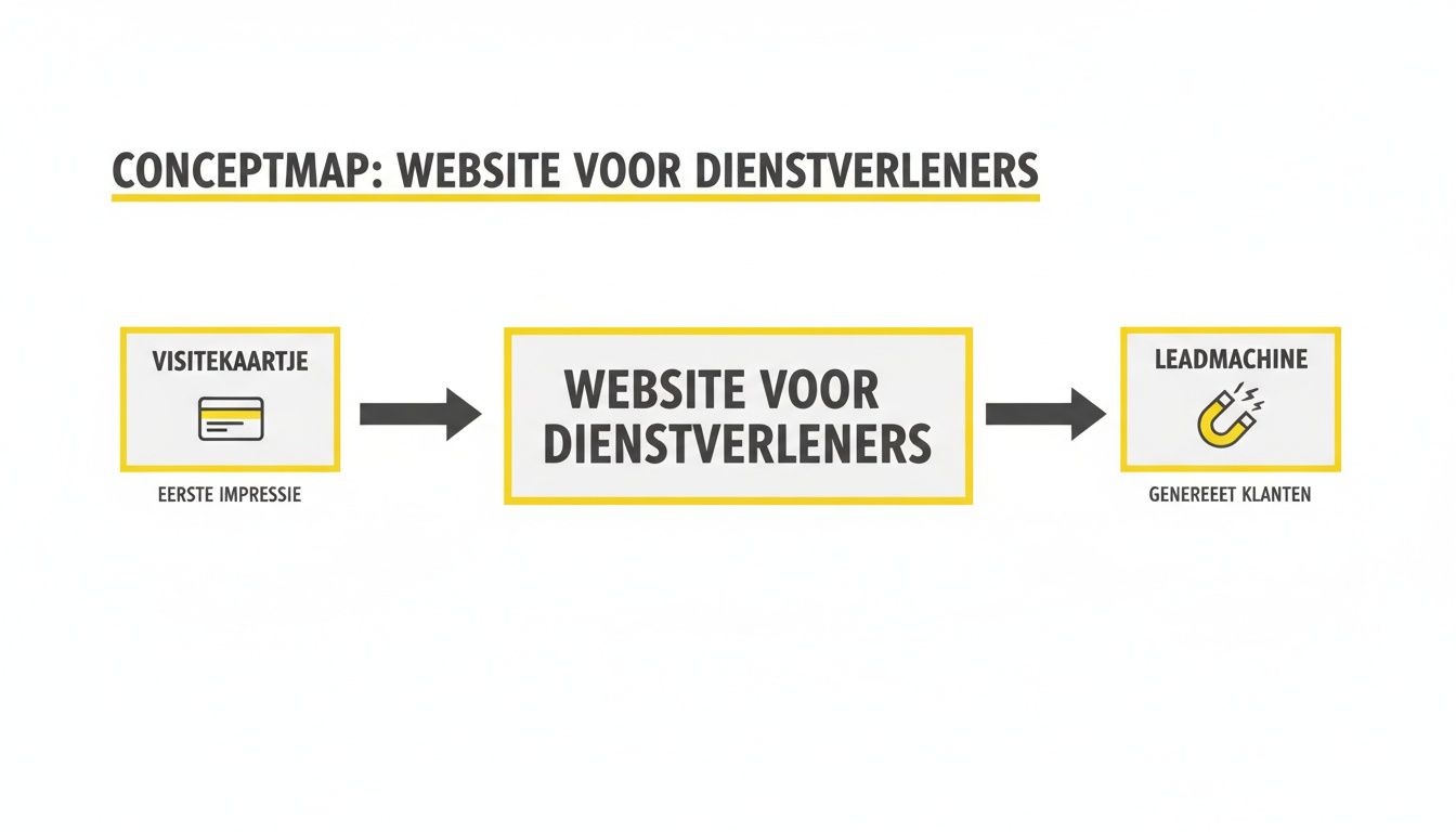 Conceptmap: een website voor dienstverleners als leadmachine, evoluerend van een eerste indruk naar het genereren van klanten.