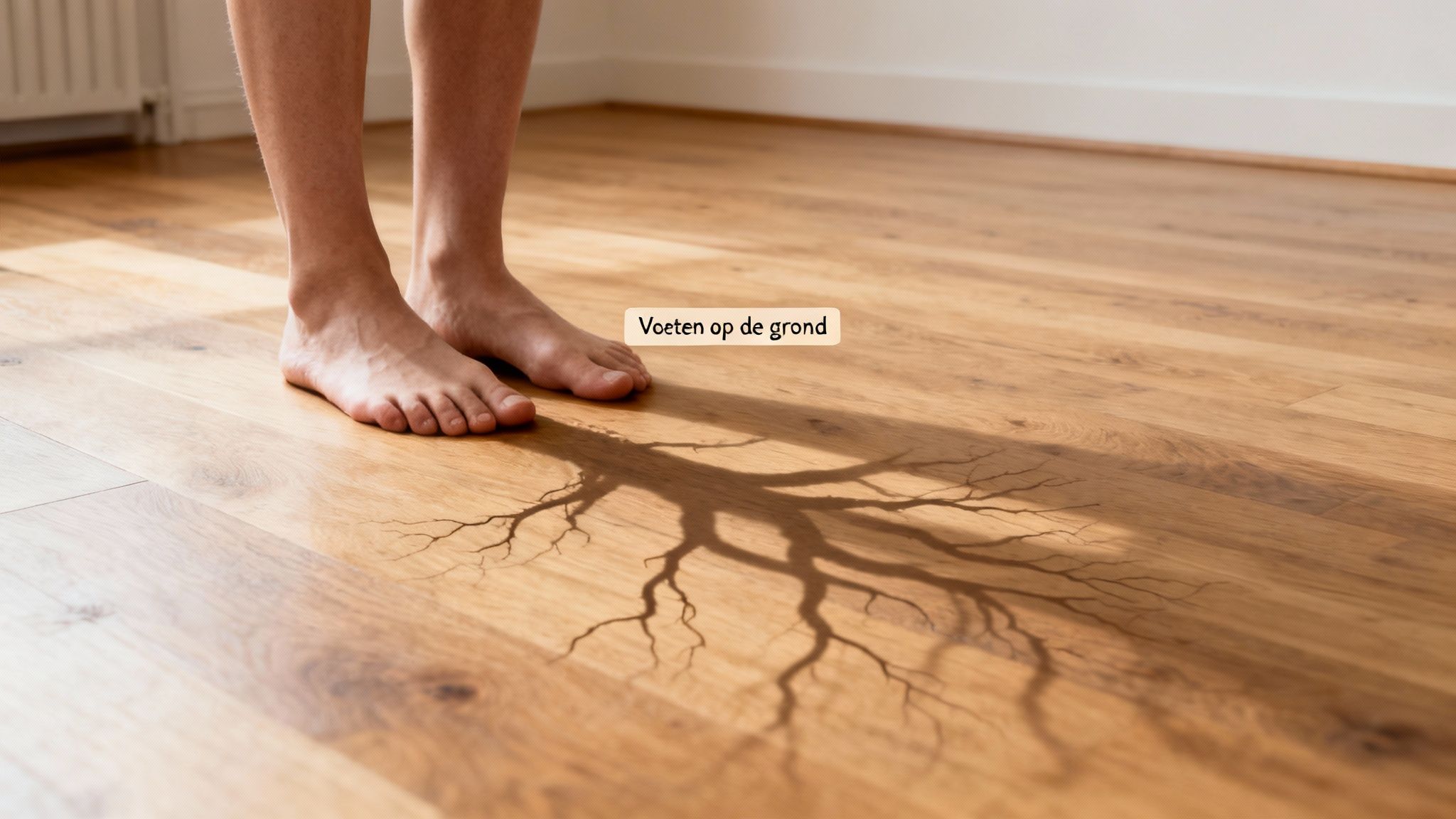 Een persoon staat met blote voeten op een houten vloer, waarbij de schaduw wortels vormt, wat 'voeten op de grond' symboliseert.