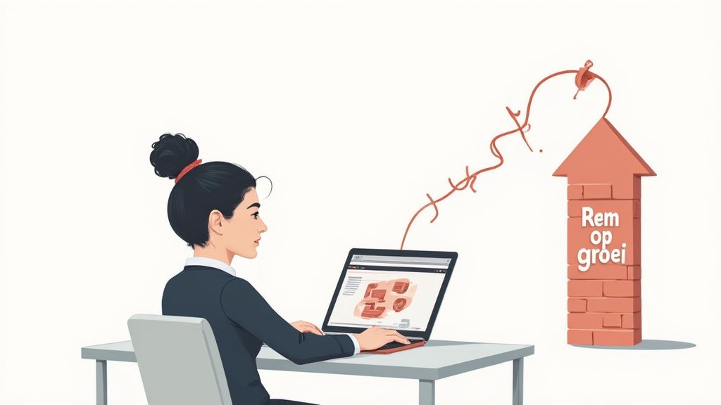 Vrouw werkt op laptop, een rood touw verbindt het scherm met een stenen pijl omhoog met 'Rem op groei'.