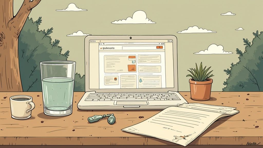 Een persoon kijkt gefrustreerd naar een laptop in een donkere kantooromgeving