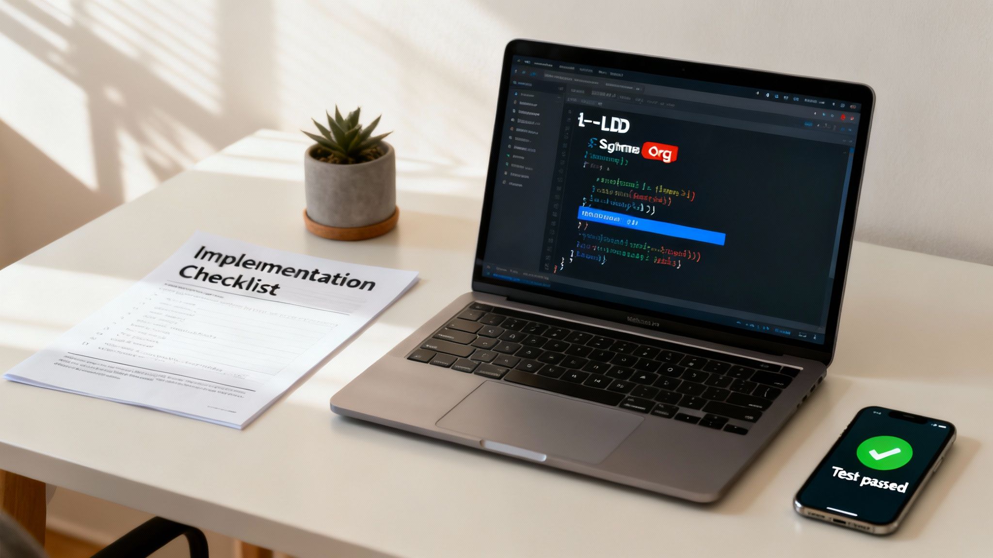 Een persoon die ontspannen achter een laptop werkt, wat de 'zonder hoofdpijn' implementatie symboliseert.