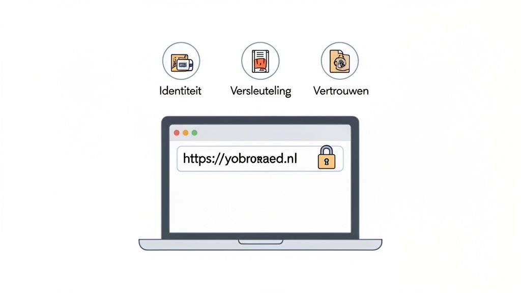 Een laptop toont een beveiligde website (HTTPS) met een slotje, omringd door pictogrammen voor identiteit, versleuteling en vertrouwen.