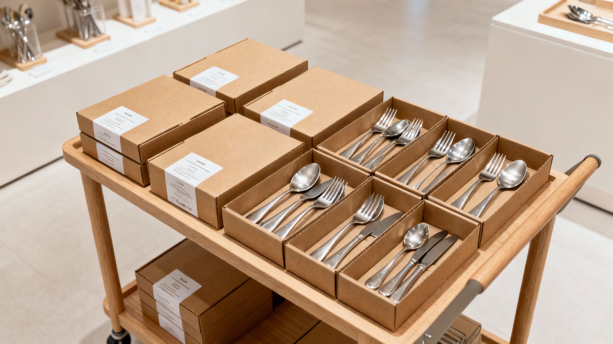 Verzameling van designer bestek sets in milieuvriendelijke kartonnen dozen op houten serveerwagen
