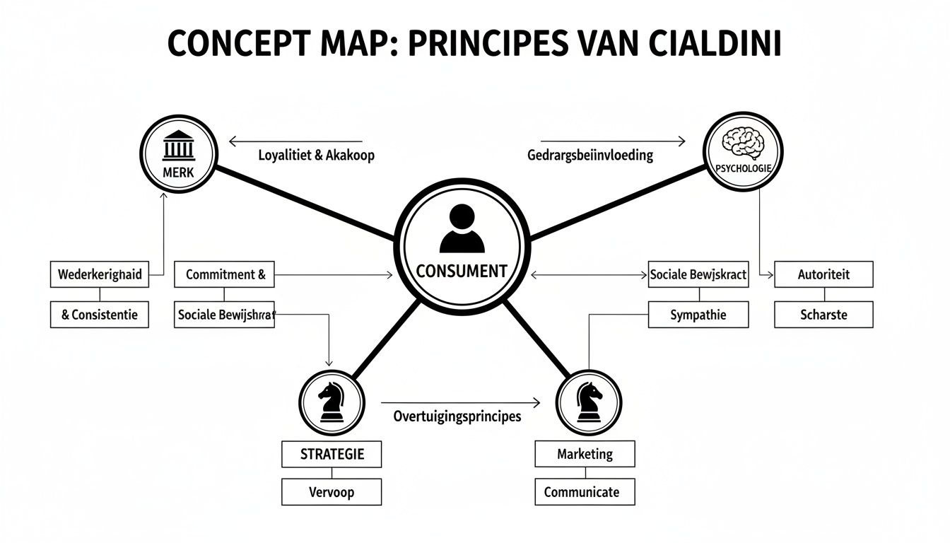 Conceptmap die de principes van Cialdini en hun invloed op de consument visualiseert.