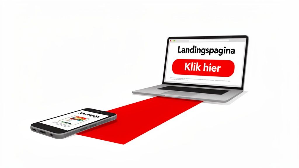 Een laptop toont een landingspagina met 'Klik hier' en een smartphone toont een advertentie, verbonden door een rode lijn.
