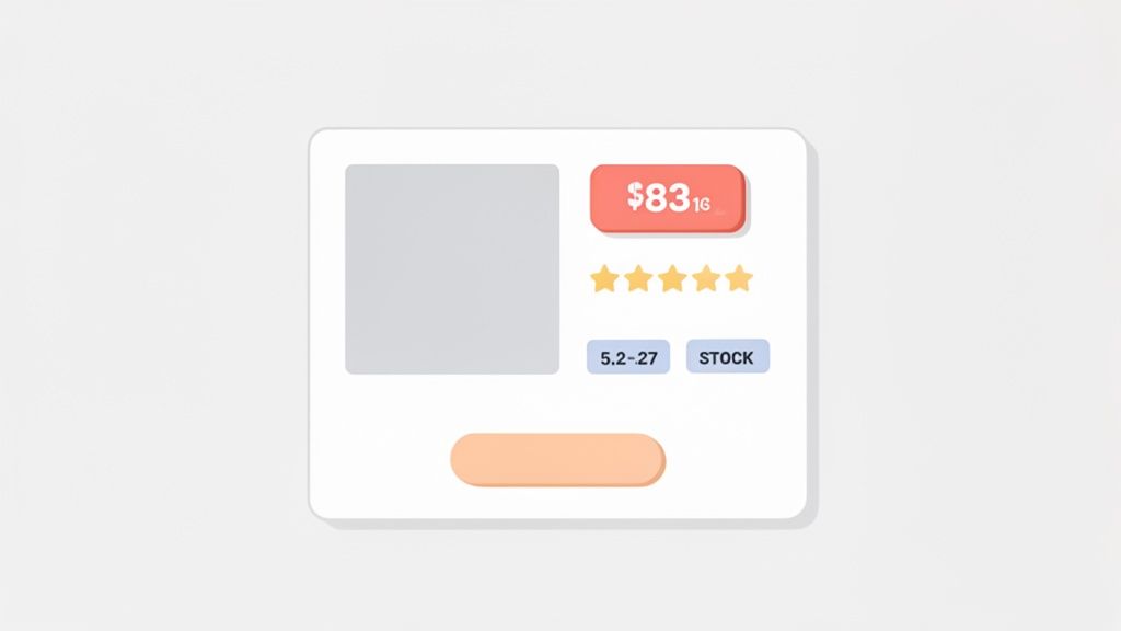 Een gedetailleerde productkaart met prijs, sterbeoordelingen en voorraadstatus, ideaal voor webshops.