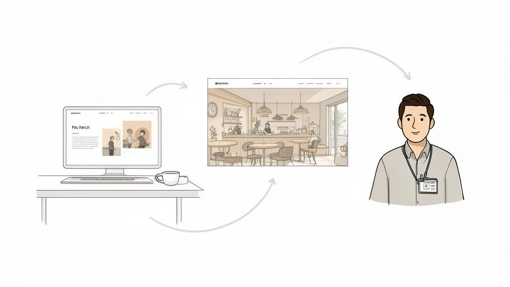 Een man met een ID-badge kijkt naar twee websites op een computerschool, verbonden door pijlen.