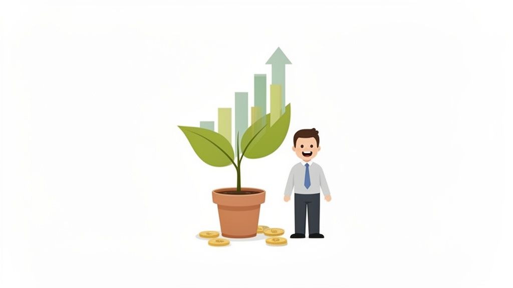 Een cartoonfiguur staat bij een groeiende plant in een pot met munten en een staafgrafiek die stijging symboliseert.