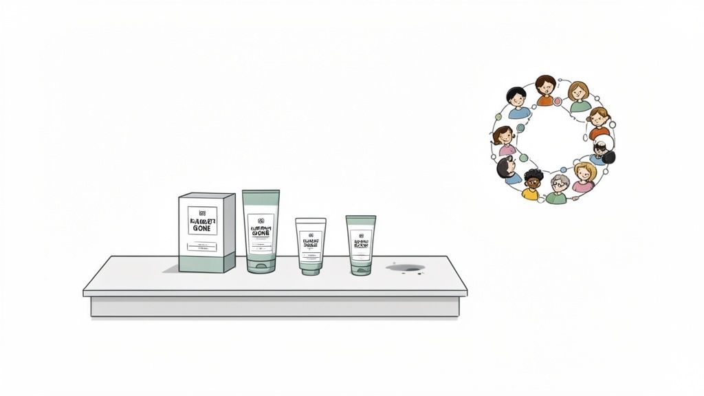 Illustratie van een plank met huidproducten naast een ring van verschillende cartoongezichten.