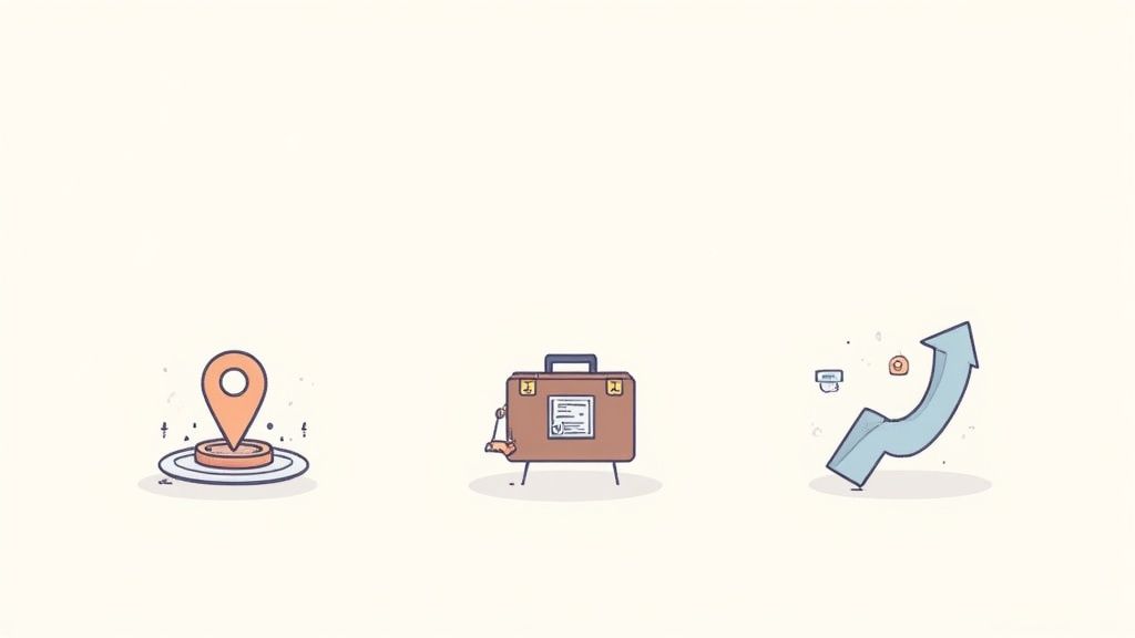 Drie gedetailleerde iconen: een locatiepin, een aktetas en een opwaartse pijl, die online strategie en bedrijfsgroei symboliseren.