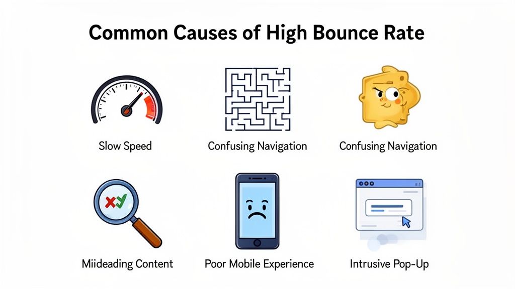 Een infographic toont zes veelvoorkomende oorzaken van een hoge bouncepercentage, waaronder trage snelheid, verwarrende navigatie en slechte mobiele ervaring.