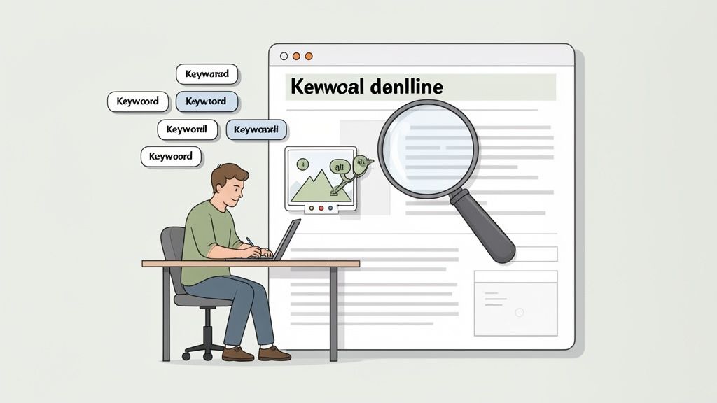 Man aan bureau met laptop optimaliseert website-inhoud, omringd door zoekwoord-tags en alt-tekst concepten.