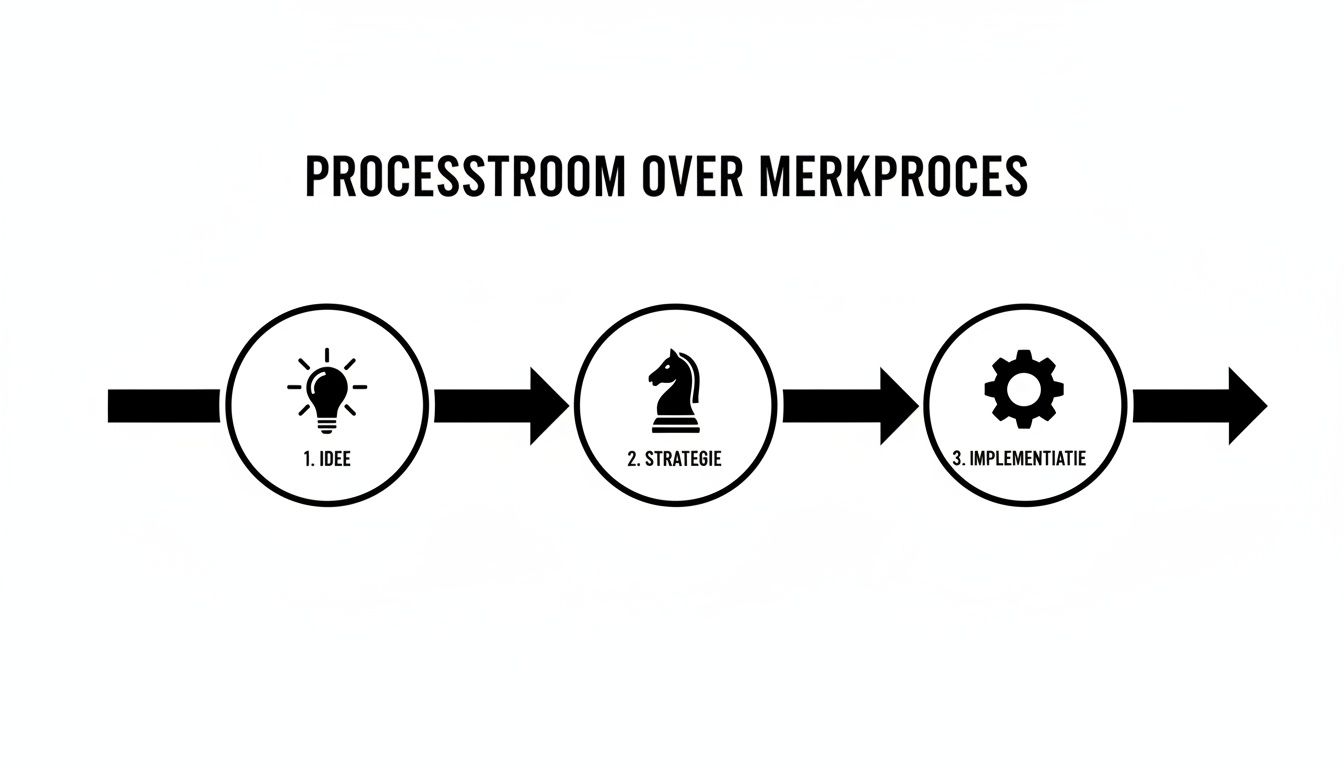 Een processtroomdiagram dat de stappen idee, strategie en implementatie in een merkproces weergeeft.