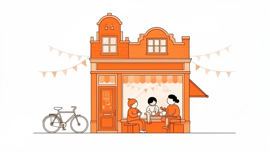 Illustratie van een oranje winkel of café met mensen aan tafel en een fiets ernaast. Slinger decoratie zichtbaar.