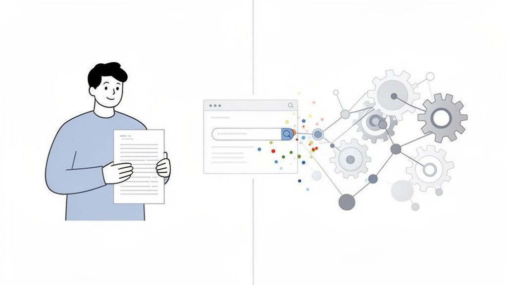 Een illustratie toont een persoon met een document, een zoekbalk en een netwerk van tandwielen, wat SEO en contentverwerking symboliseert.