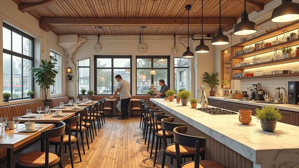 Sfeervol restaurantinterieur met houten balkenplafond, lange bar en tafels met zitmogelijkheden.