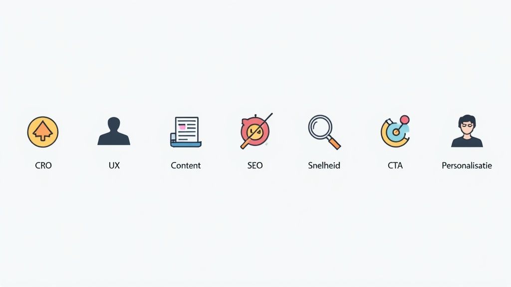 Een rij iconen die concepten vertegenwoordigen zoals CRO, UX, Content, SEO, Snelheid, CTA en Personalisatie voor website optimalisatie.
