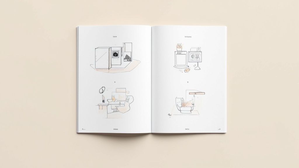Een open boek met minimalistische, pastelkleurige lijntekeningen die diverse huishoudelijke objecten en scènes uitbeelden, liggend op een lichte ondergrond.