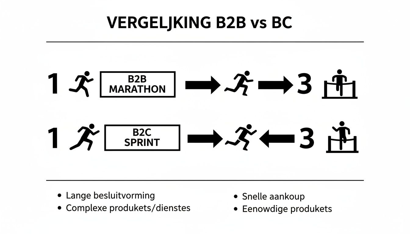 Visualisatie van het verschil tussen B2B-marathon en B2C-sprint processen met bijbehorende kenmerken.