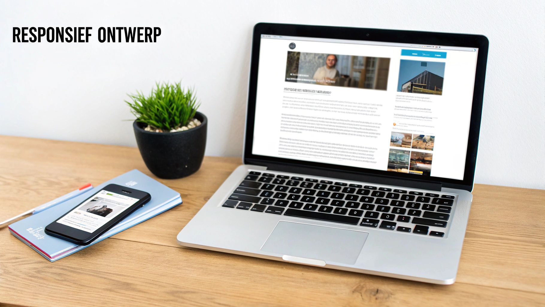 Een hand die een smartphone vasthoudt waarop een responsive website te zien is