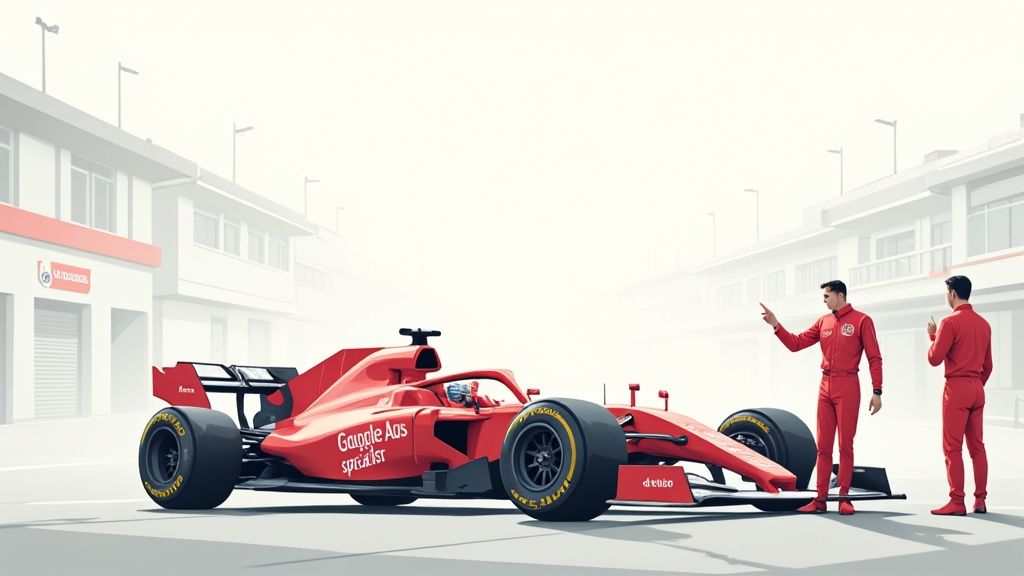 Rode Formule 1-auto met 'Google Ads specialist'-branding op een racecircuit, geflankeerd door twee mannen in rode overalls.