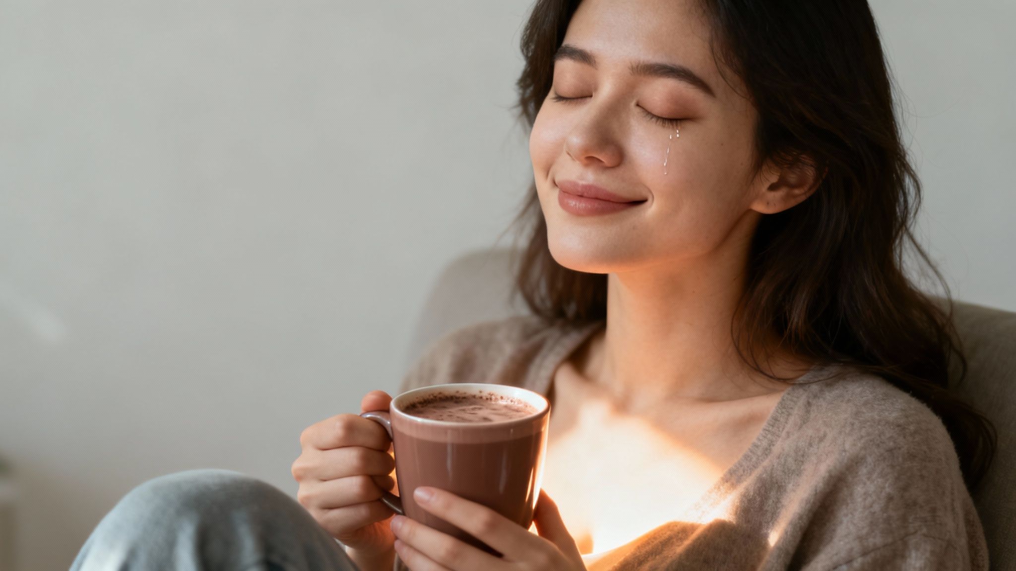 Vrouw geniet van warme cacao drank met gesloten ogen en serene glimlach