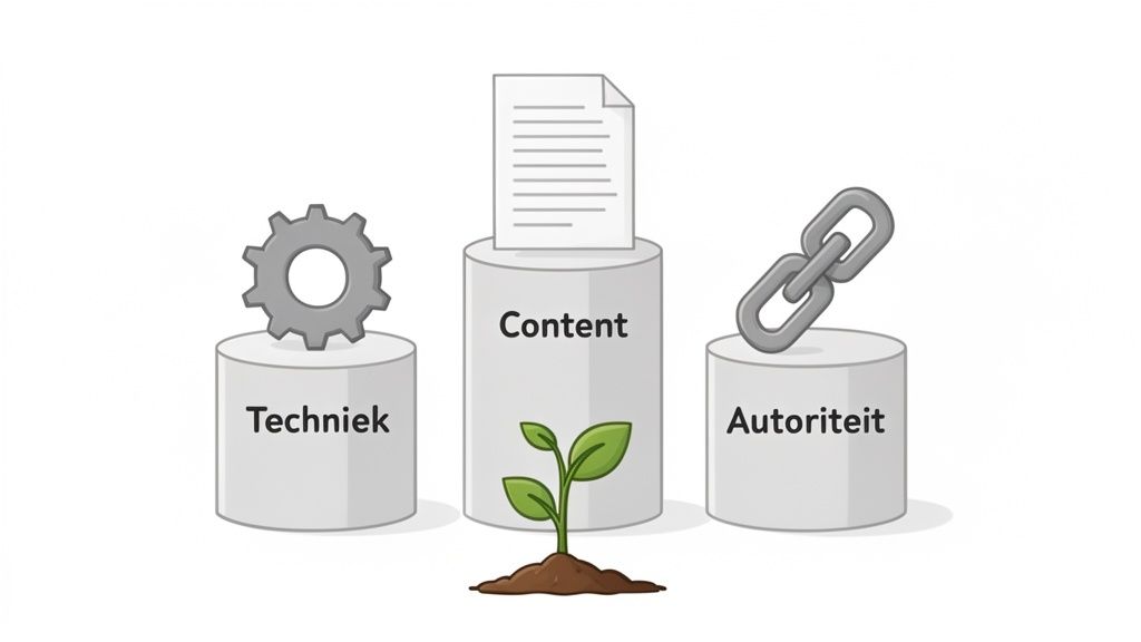 Drie pilaren (Techniek, Content, Autoriteit) ondersteunen de groei van een plantje, als fundamenten van SEO.