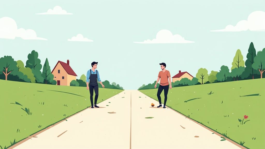 Twee mannen staan op een lange weg met groene velden, bomen en huizen aan weerszijden.
