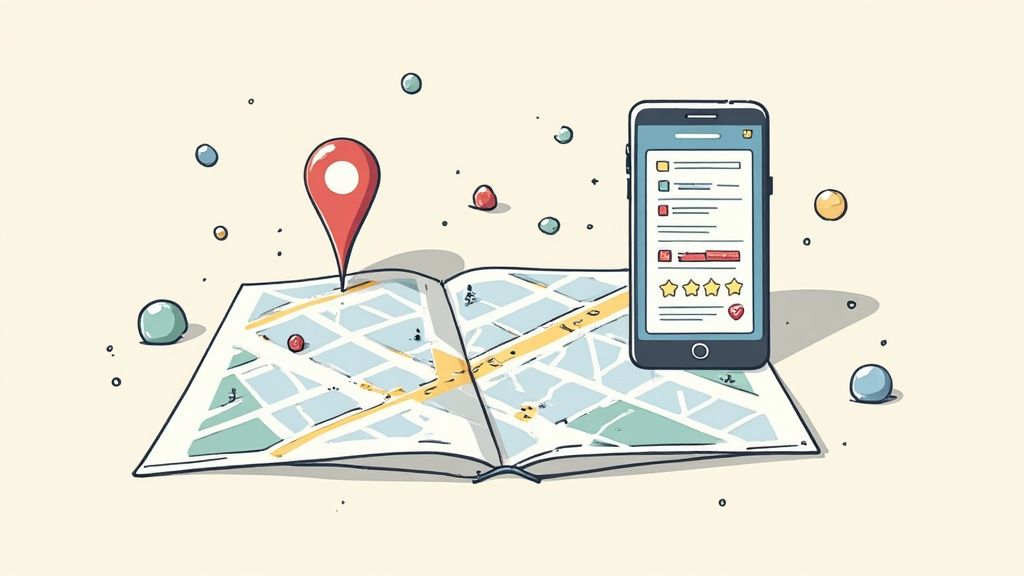 Kaart met locatiepin en smartphone met recensies, illustratie van online navigatie en lokale zoekopdrachten.