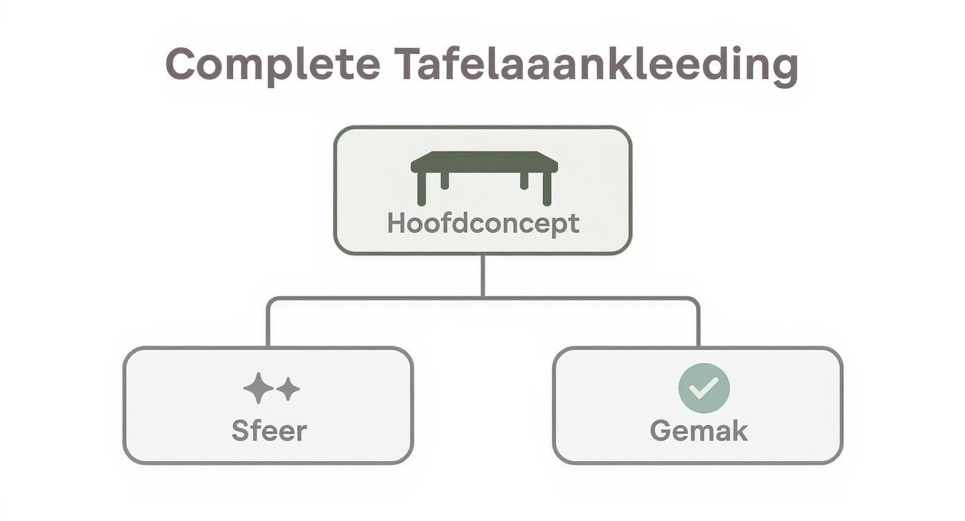 Hierarchisch schema over complete tafelaankleding met hoofdconcept, sfeer en gemak als onderdelen.