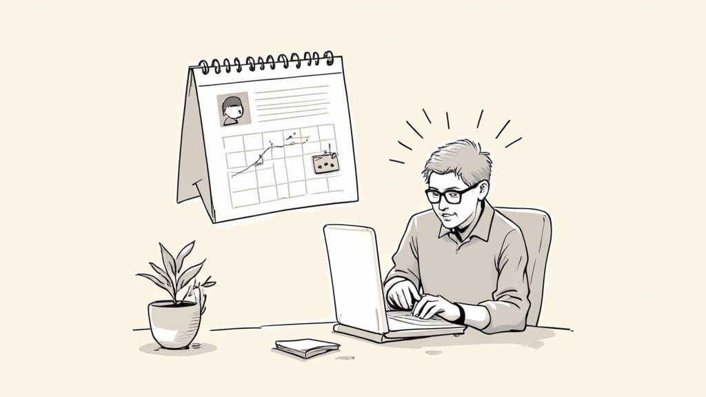 Professionele zakenman werkt aan laptop met kalender op de achtergrond voor bedrijfsplanning