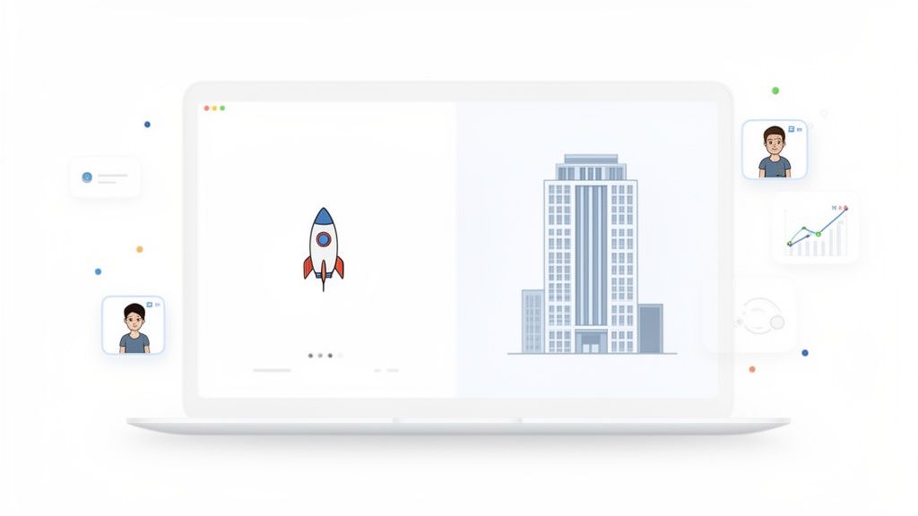 Laptop met scherm dat een raket (startup) en een groot kantoorgebouw (gevestigd bedrijf) toont.