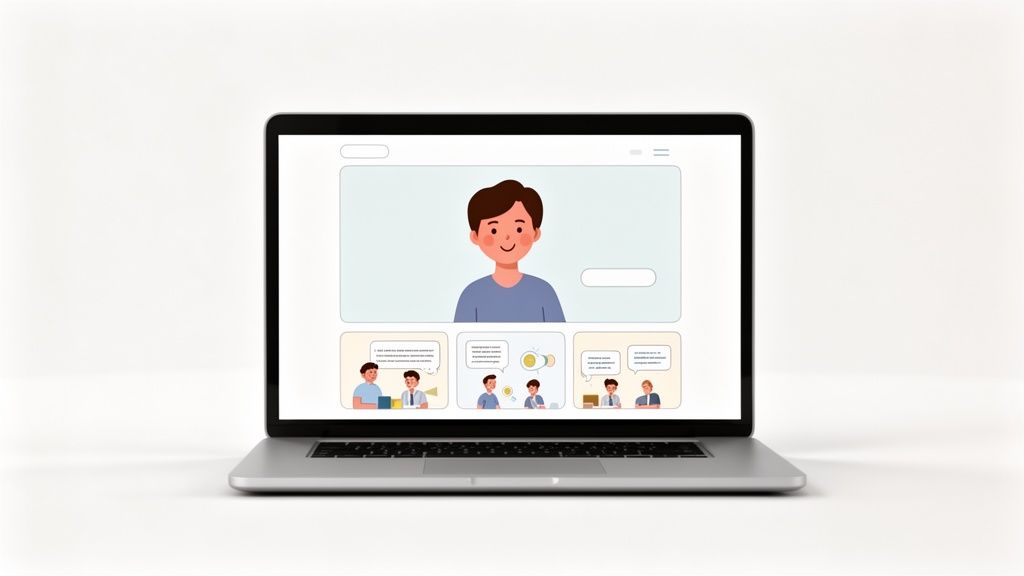 Een laptop toont een e-learning platform met een sprekende cartoonfiguur en visuele verhaaltjes in panelen, ideaal voor storytelling.