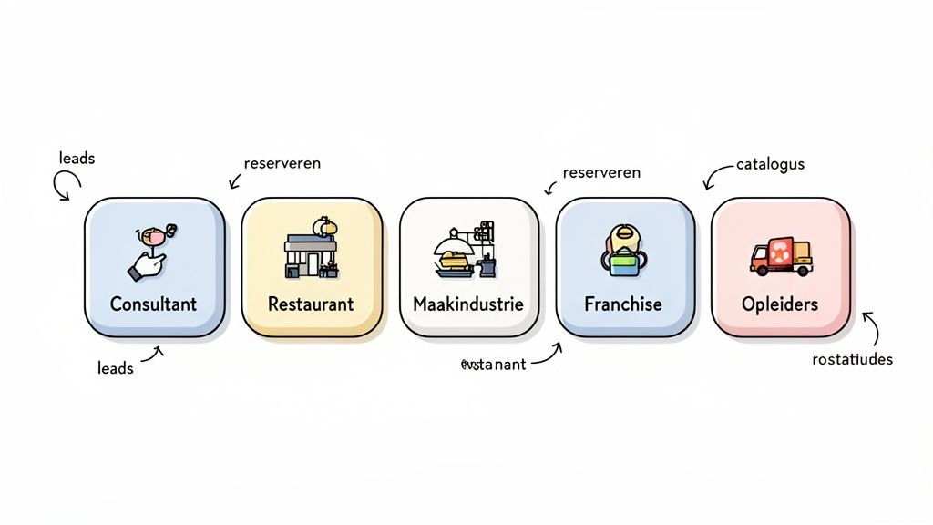 Een diagram toont de onderlinge verbanden tussen consultant, restaurant, maakindustrie, franchise en opleiders in een bedrijfsflow.