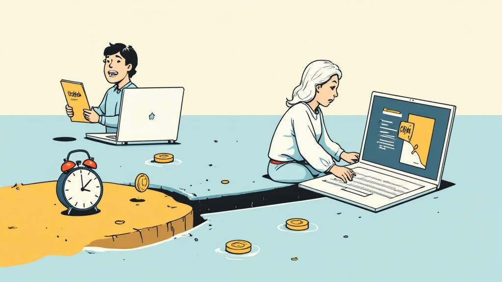 Twee professionals werken aan laptops met CRM en deadline illustratie, gescheiden door digitale kloof