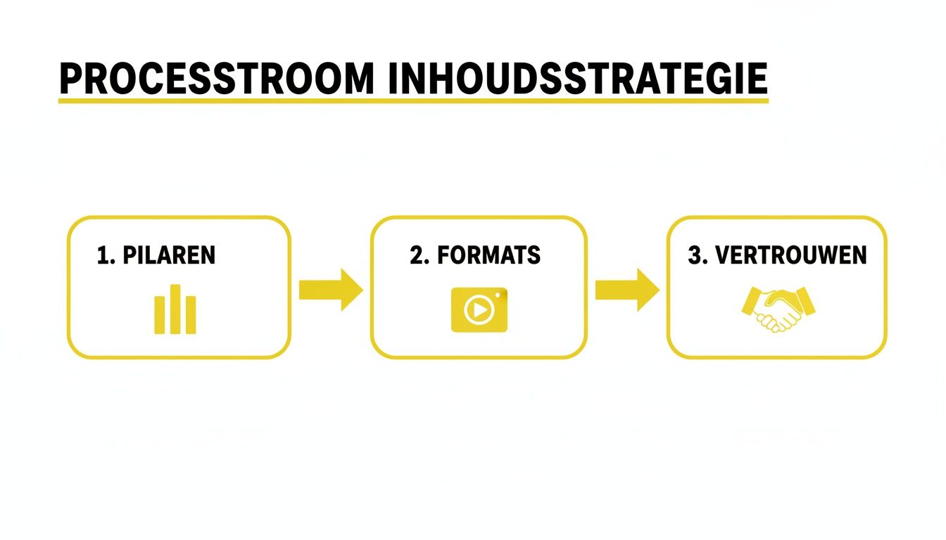 Processtroom inhoudsstrategie met drie stappen: 1. Pilaren, 2. Formats, 3. Vertrouwen.