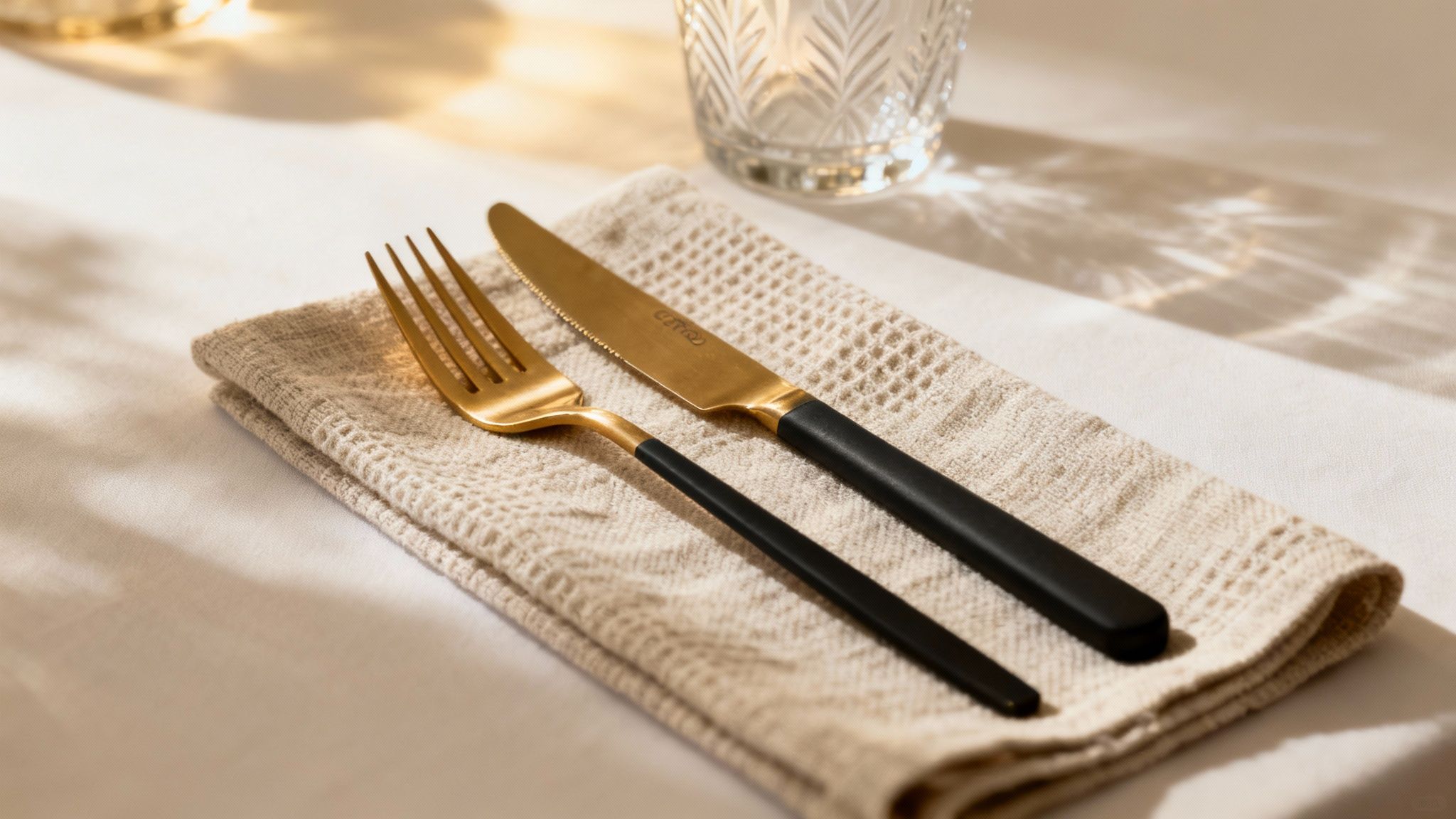 Goudkleurig designer bestek elegant gedekt op een donkere tafel voor een evenement.