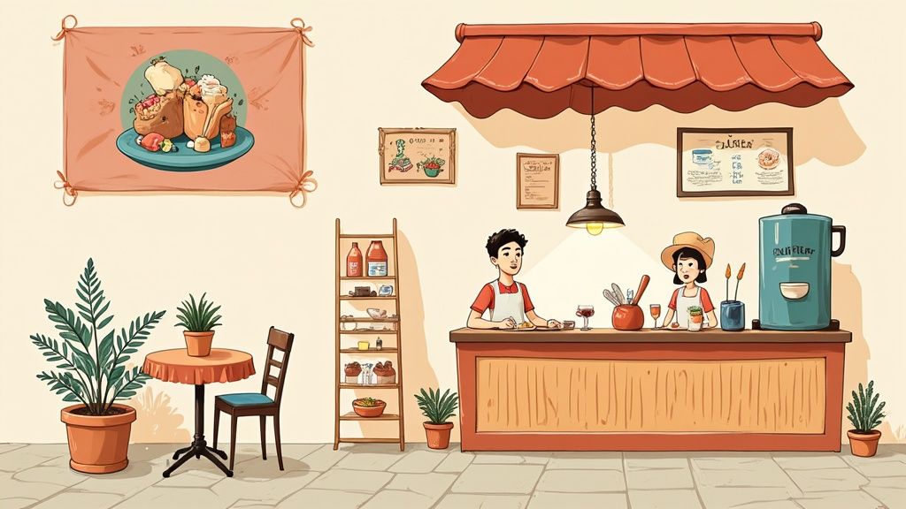 Een gezellige cartoonafbeelding van een café met twee medewerkers, tafels en planten, die een warme sfeer uitstralen.