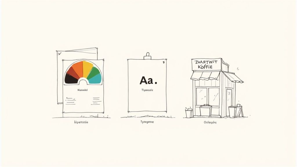 Schematische tekening van merkontwikkeling met een kleurenpalet, typografievoorbeeld en een koffiehuisje.