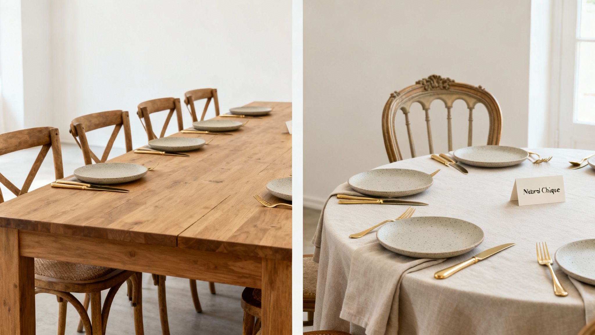 Twee verschillende, elegant gedekte tafels voor een evenement, met natuurlijke tinten en gouden bestek.