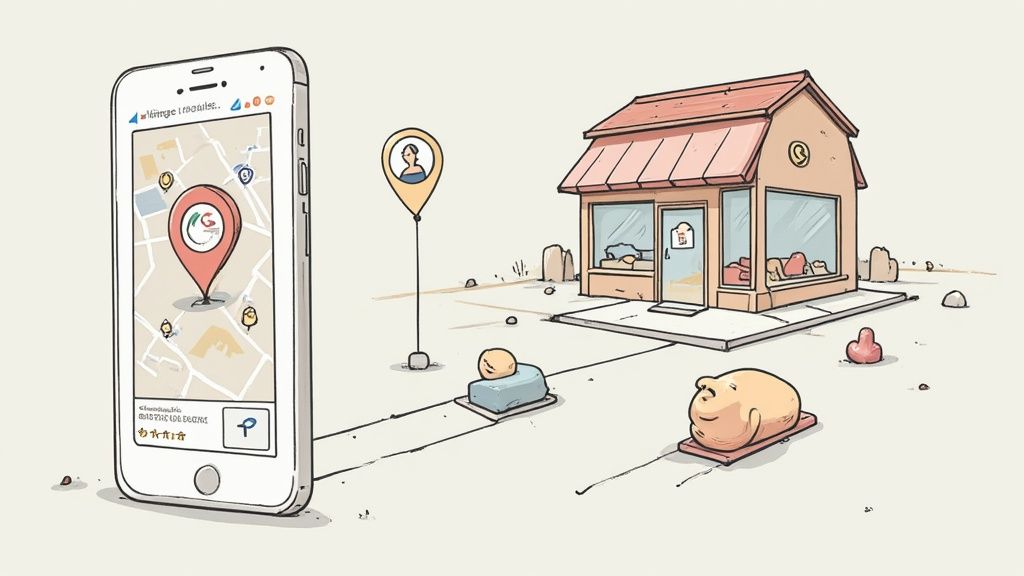 Een plattegrond van een stad met locatie-icoontjes, wat lokale vindbaarheid symboliseert.